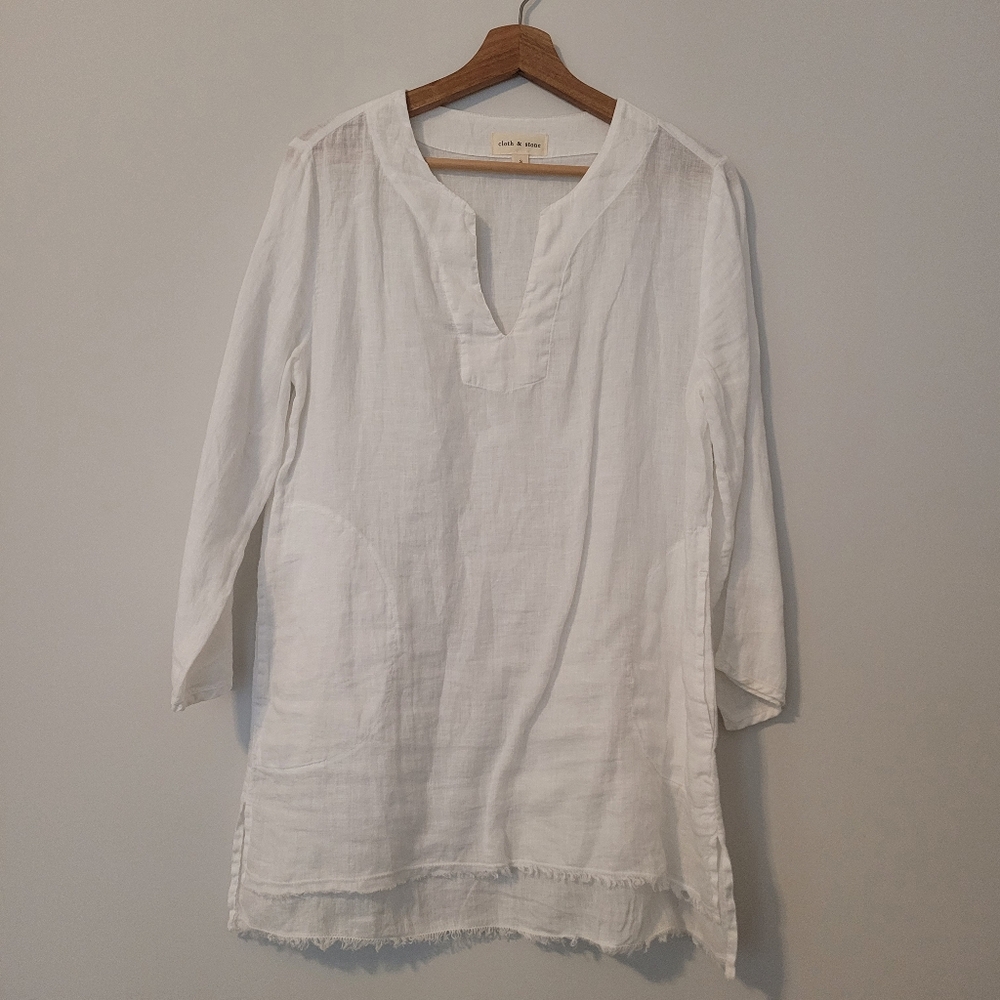 Cloth & Stone Womens Tunic White Linen V neck Top Size Small